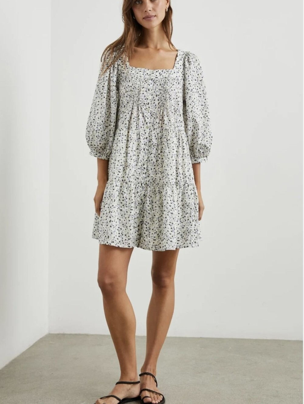 Rails Pippa Dress S Watercolor Buds Floral Square Neck Pintuck Mini EUC